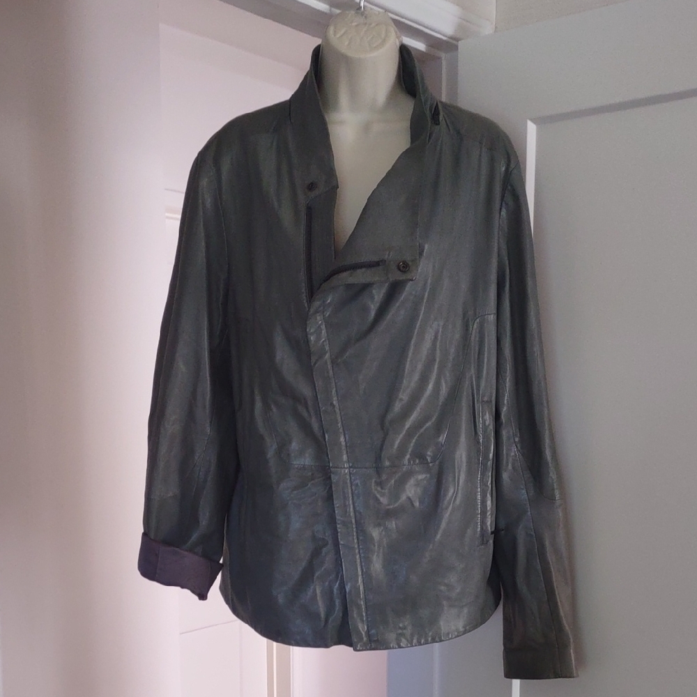 Helmut Lang Asymmetrical Waxed Leather Jacket  - Size LARGE
